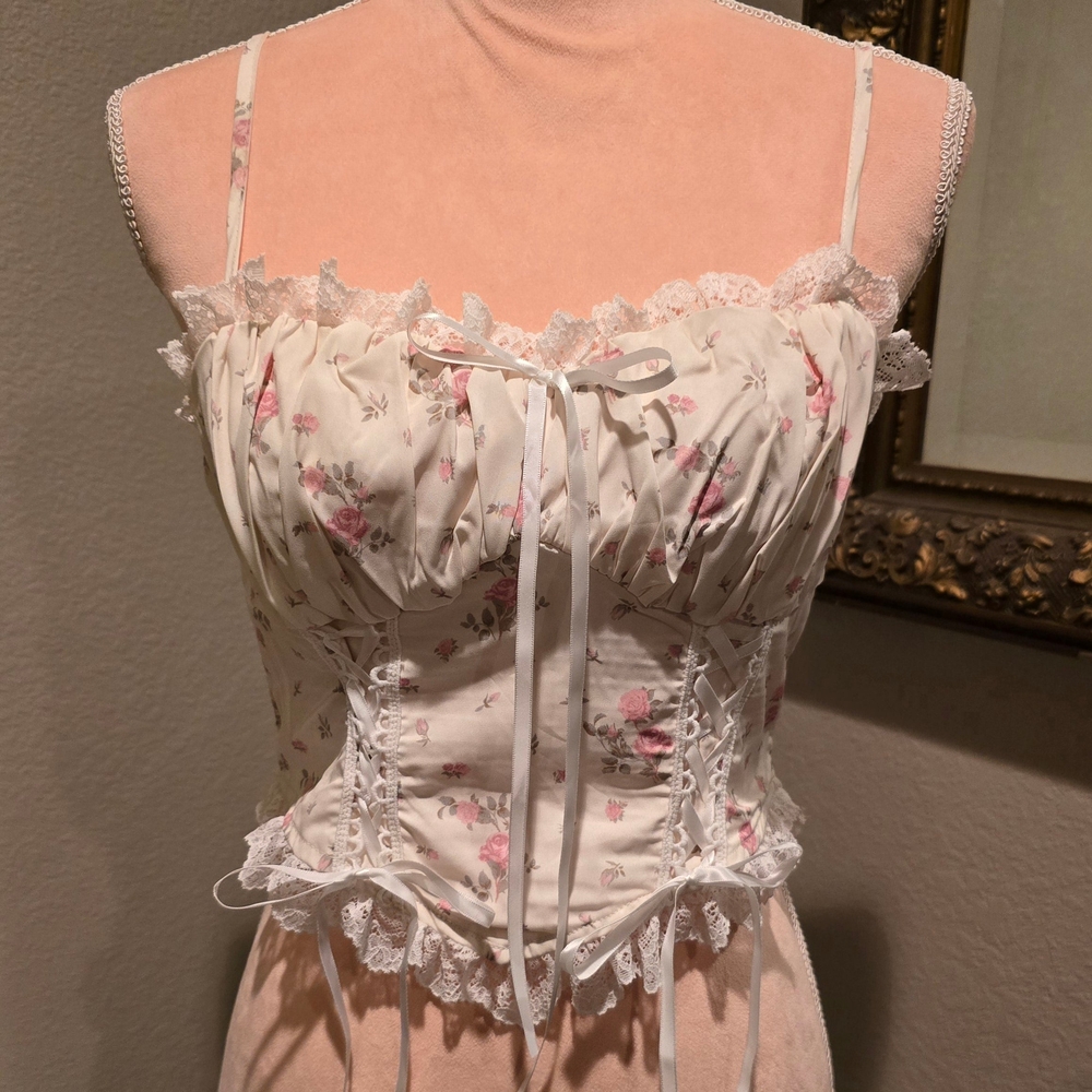 Floral Lace-Trim White and Pink Corset Tank Top